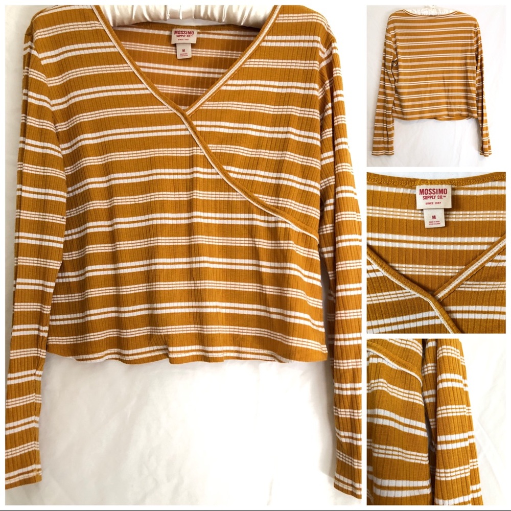 Long sleeve mustard yellow striped wrap shirt